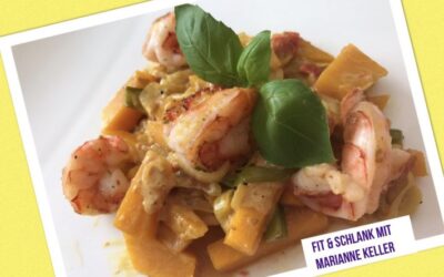 Kürbisgemüse mit Crevetten an Currysauce