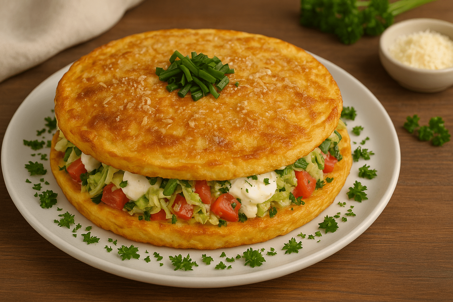 Low Carb Eierkuchen-Auflauf mit Gemüse und Parmesan