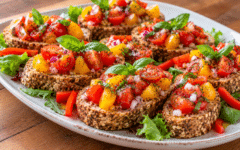 Low Carb Bruschetta auf Hüttenkäse-Brot mit Tomaten und Basilikum