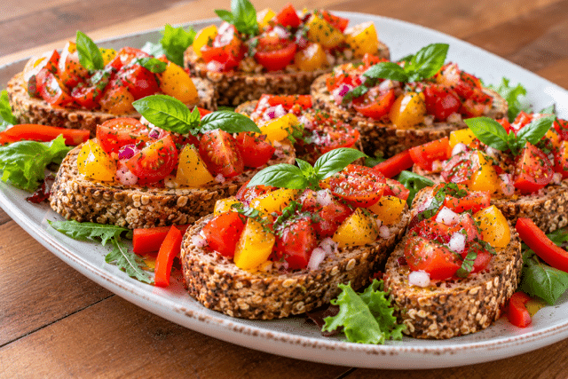 Low Carb Bruschetta auf Hüttenkäse-Brot mit Tomaten und Basilikum