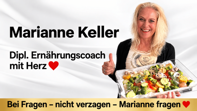 Marianne Keller, Dipl. Ernährungscoach mit Herz, mit einem Blech Gemüse. Bei Fragen nicht verzagen, Marianne fragen