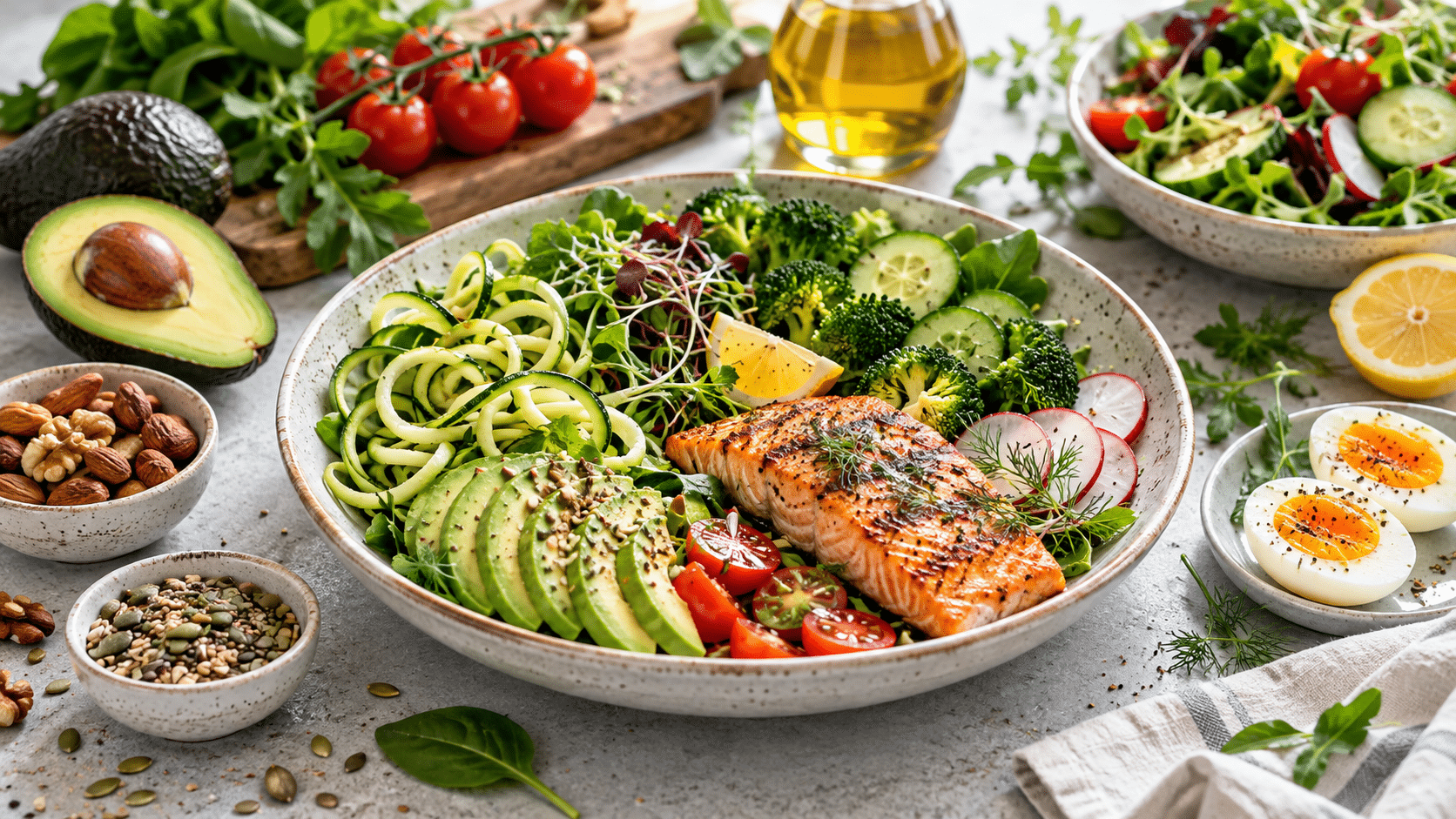Frische Low-Carb-Mahlzeit mit Lachs, Avocado, Zucchini-Nudeln und Gemüse