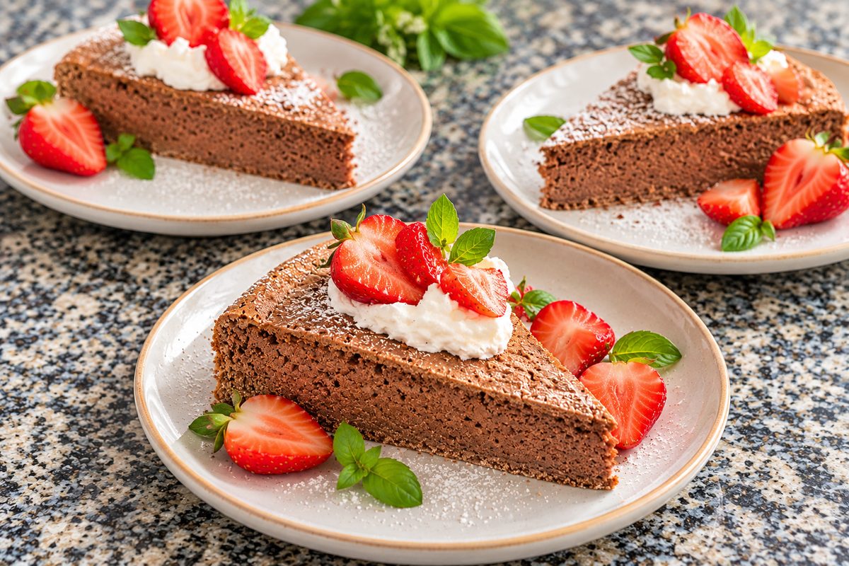 Low Carb Schokoladenkuchen de luxe ohne Mehl und Zucker, mit Erdbeeren und Sahne serviert