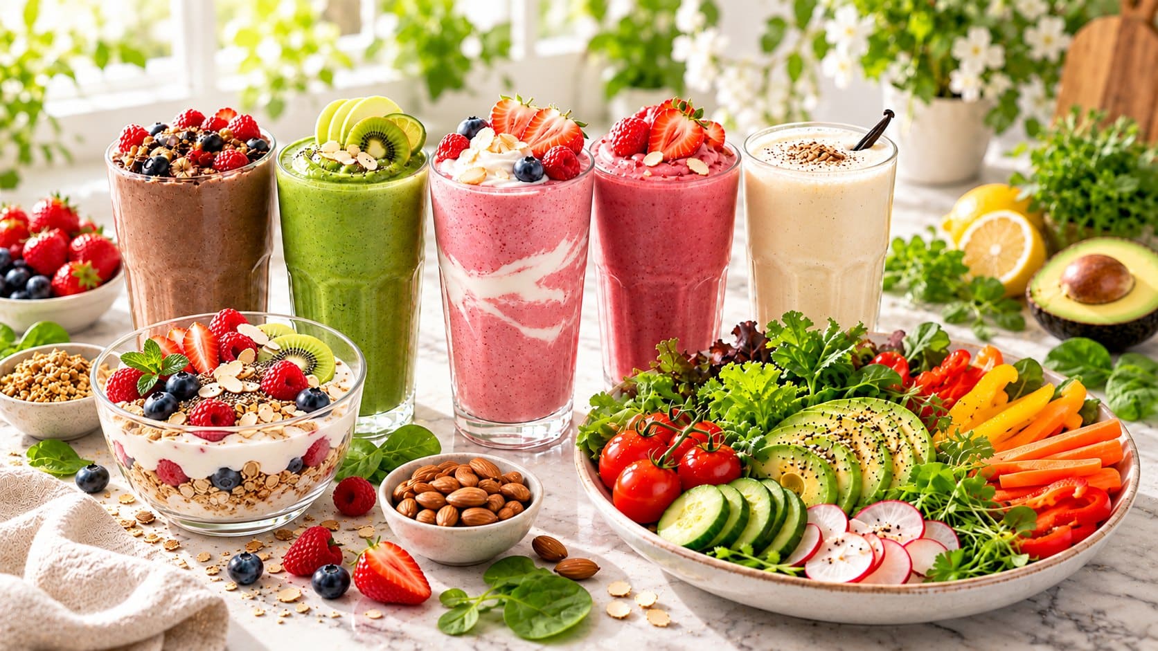 Fünf bunte pflanzliche Shakes, eine Müsli-Schale mit Joghurt und Früchten und ein Teller mit frischem Gemüse und Salat